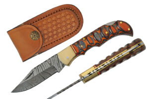 Black Brown Lockback Damascus Steel Blade | Wooden Handle 3.75 inch Edc Pocket Folding