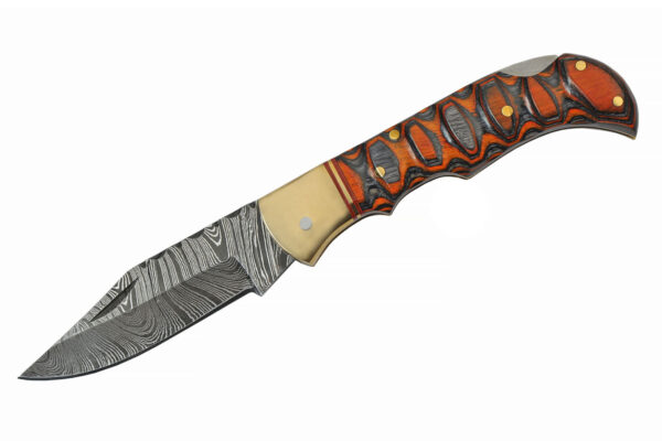 Black Brown Lockback Damascus Steel Blade | Wooden Handle 3.75 inch Edc Pocket Folding