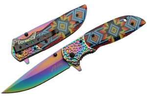 Native Beads Rainbow Color Stainless Steel Blade | Tribal Abs Handle 4.75 inch Edc Pocket Folding Knife