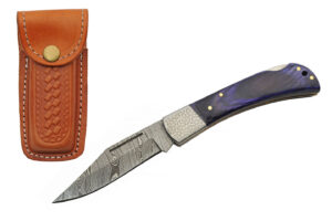 Opal Lockback Damascus Steel Blade | Royal Blue Wood Handle 8 inch Edc Pocket Folder