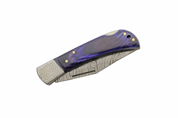 Opal Lockback Damascus Steel Blade | Royal Blue Wood Handle 8 inch Edc Pocket Folder