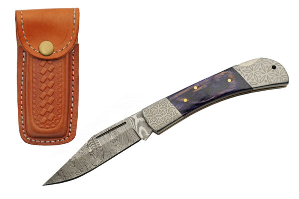 Double Engraved Damascus Steel Blade | Royal Blue Wood Handle 8 inch Edc Pocket Folder