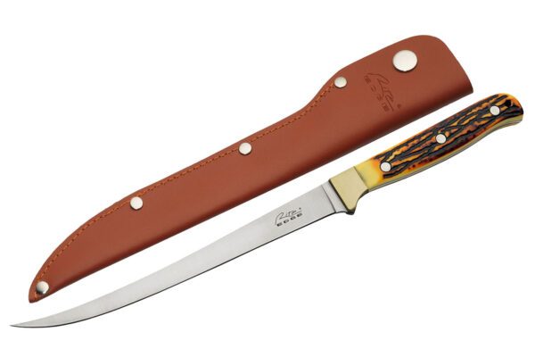 Outdoor Fishing Fillet Knife | Faux Stag Brown/White Handle | Full Tang | Leather Sheath