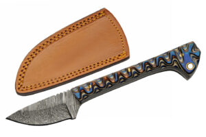 Wood Handle Damascus Steel Drop Point Blue Caping Knife