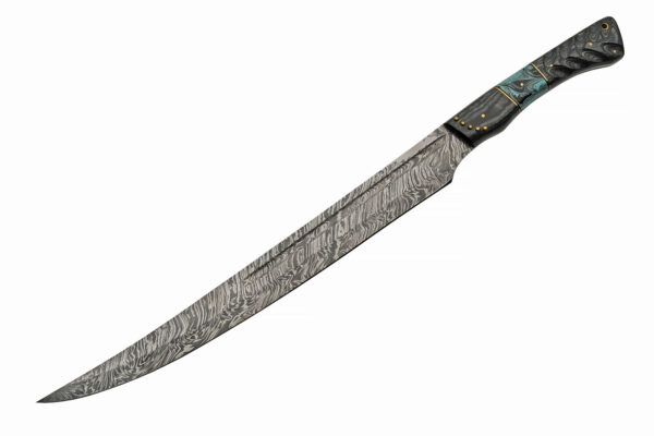 Black Wood And Turquoise Resin Handle Damascus Steel Short Sword With Leather Sheath