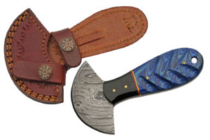 Damascus Cutter Fixed Knife 1″ Ulu Steel Blade Horn Blue Colorwood Handle