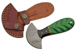 Damascus Cutter Fixed Knife 1″ Ulu Steel Blade Horn Green Colorwood Handle