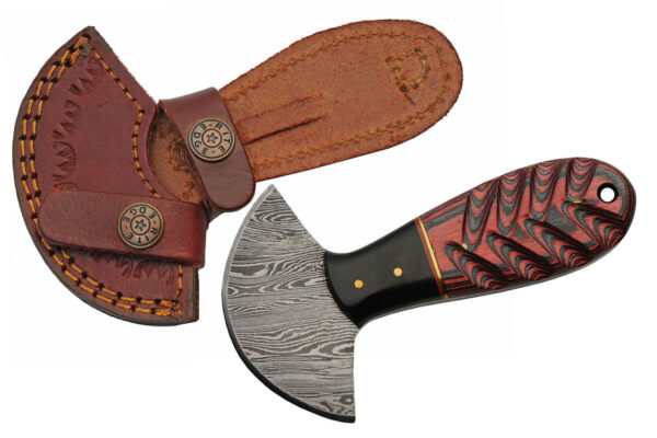 Damascus Cutter Fixed Knife 1″ Ulu Steel Blade Horn Red Colorwood Handle