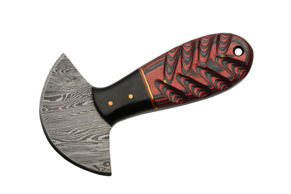 Damascus Cutter Fixed Knife 1″ Ulu Steel Blade Horn Red Colorwood Handle