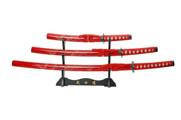 Red Dragon Stainless Steel Blade | Nylon Wrapped Handle 3 Piece Katana Sword Set
