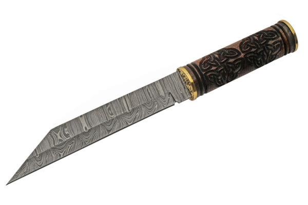 Celtic Triquetra Damascus Steel Blade | Engraved Wood Handle 13.5 inch Seax Hunting Knife