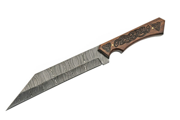 Celtic Sailors Damascus Steel Blade | Engraved Wooden 12 inch Seax Hunting Knife