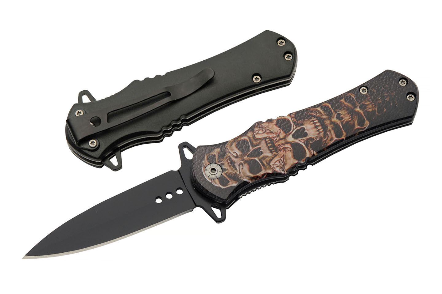 Stacked Skull Folding Knife 7.75″ Stainless Steel Blade Stacked Skull Folding Knife 7.75″ Stainless Steel Blade