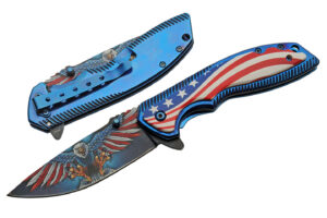 Freedom Eagle Blue Titanium Finish Blade | USA Flag Handle 4.75 inch EDC Folding Knife