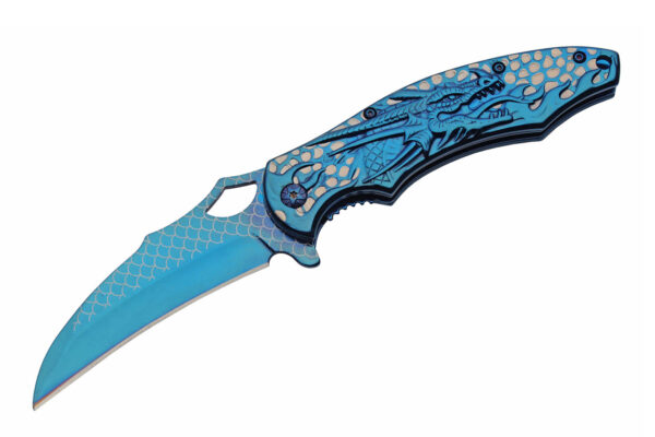 Blue Dragon Head Stainless Steel Blade| Titanium Finish Handle 4.75 inch Folding Knife