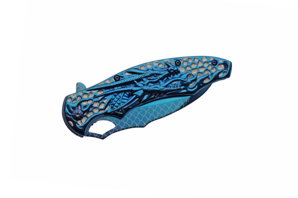Blue Dragon Head Stainless Steel Blade| Titanium Finish Handle 4.75 inch Folding Knife