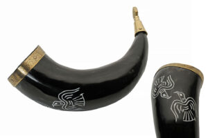 Medieval Engraved Raven 12-14 inch Buffalo Drinking Horn