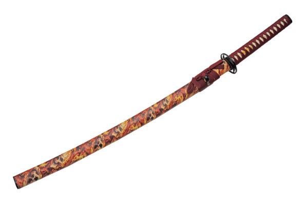 Flaming Skull Carbon Steel Blade | Cord Wrapped Handle 41 inch Katana Sword