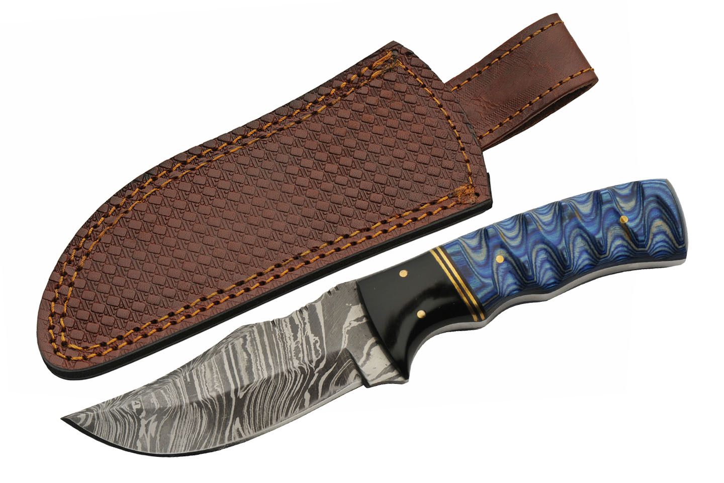 Blue Lake Ripple Damascus Steel Blade | Wood Handle 8 inch EDC Hunting ...