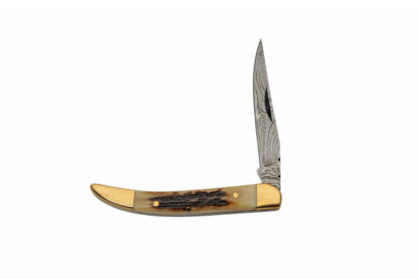 Toothpick Damascus Steel Blade | Stag Handle 3 inch Folding Pocket Knife