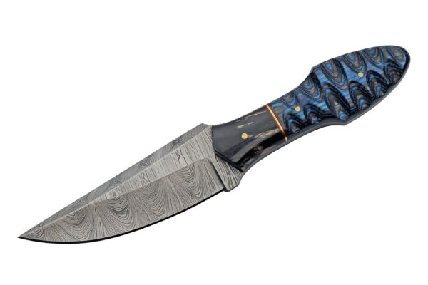 Ocean Ripple Damascus Steel Blade | Grooved Wood 8 inch Hunting Knife