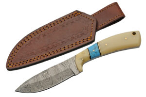 Turquoise Damascus Steel Blade | Bone Handle 8 inch Edc Hunting Knife