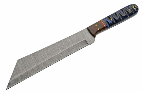 Seax Blue Damascus Steel Blade | Grooved Wood Handle 13.75 inch Edc Hunting Knife