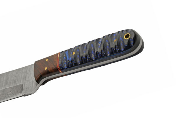 Seax Blue Damascus Steel Blade | Grooved Wood Handle 13.75 inch Edc Hunting Knife