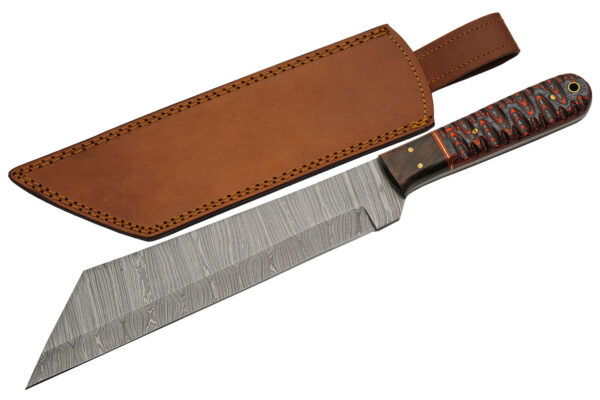 Seax Red Damascus Steel Blade | Grooved Wood Handle 13.75 inch Edc Hunting Knife