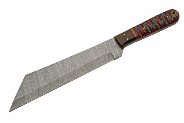 Seax Red Damascus Steel Blade | Grooved Wood Handle 13.75 inch Edc Hunting Knife