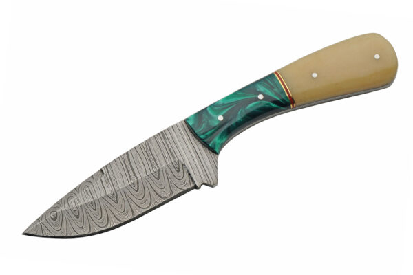 Deep Green Damascus Steel Blade | Camel Bone & Acrylic Handle 8.5 inch Edc Skinner Knife