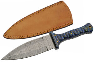 Blue Damascus Steel Blade | Grooved Wood Handle 10.5 inch Edc Hunting Knife