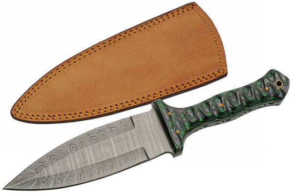 Green Damascus Steel Blade | Grooved Wood Handle 10.5 inch Edc Hunting Knife