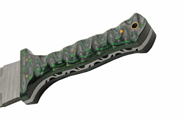 Green Damascus Steel Blade | Grooved Wood Handle 10.5 inch Edc Hunting Knife