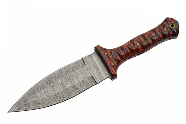 Red Damascus Steel Blade | Grooved Wood Handle 10.5 inch Edc Hunting Knife