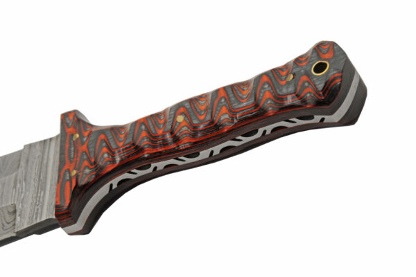 Red Damascus Steel Blade | Grooved Wood Handle 10.5 inch Edc Hunting Knife