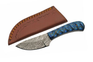 Boy’s Blue Damascus Steel Blade | Grooved Wood Handle 6 inch Edc Skinner Knife
