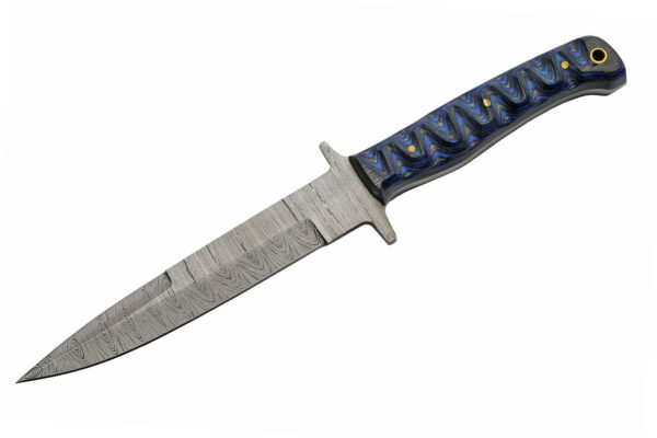 Sticker Blue Damascus Steel Blade | Grooved Wood Handle 10.5 inch Edc Hunting Knife