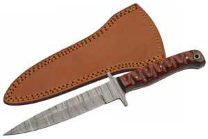 Sticker Red Damascus Steel Blade | Grooved Wood Handle 10.5 inch Edc Hunting Knife