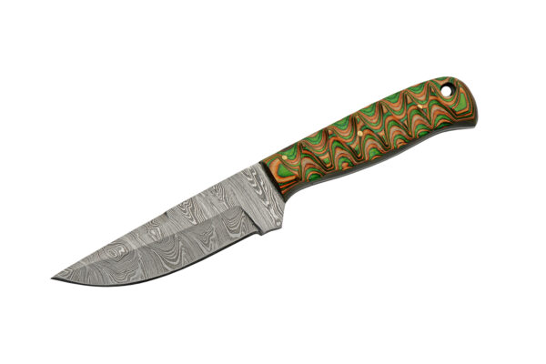 Exotic Damascus Steel Blade | Brown Green Groove Wooden Handle 8 inch Edc Hunting Knife