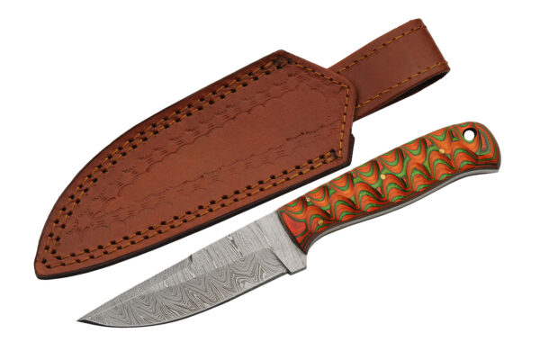 Exotic Damascus Steel Blade | Orange Green Groove Wooden Handle 8 inch Edc Hunting Knife