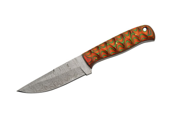 Exotic Damascus Steel Blade | Orange Green Groove Wooden Handle 8 inch Edc Hunting Knife