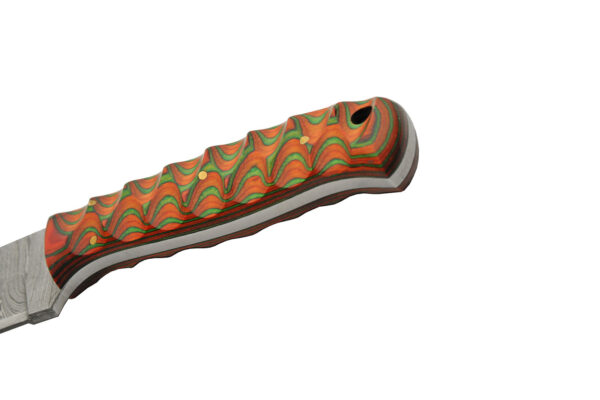 Exotic Damascus Steel Blade | Orange Green Groove Wooden Handle 8 inch Edc Hunting Knife