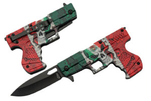 7.75″ Mexico Skull Gun Folding Edc Knife Stainless Steel Blade Abs Handle