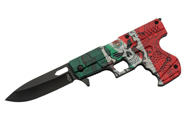 7.75″ Mexico Skull Gun Folding Edc Knife Stainless Steel Blade Abs Handle