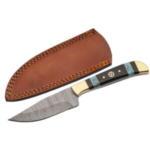 8.25″ Turquoise Mosaic Hunting Knife With Sheath Damascus Steel Blade